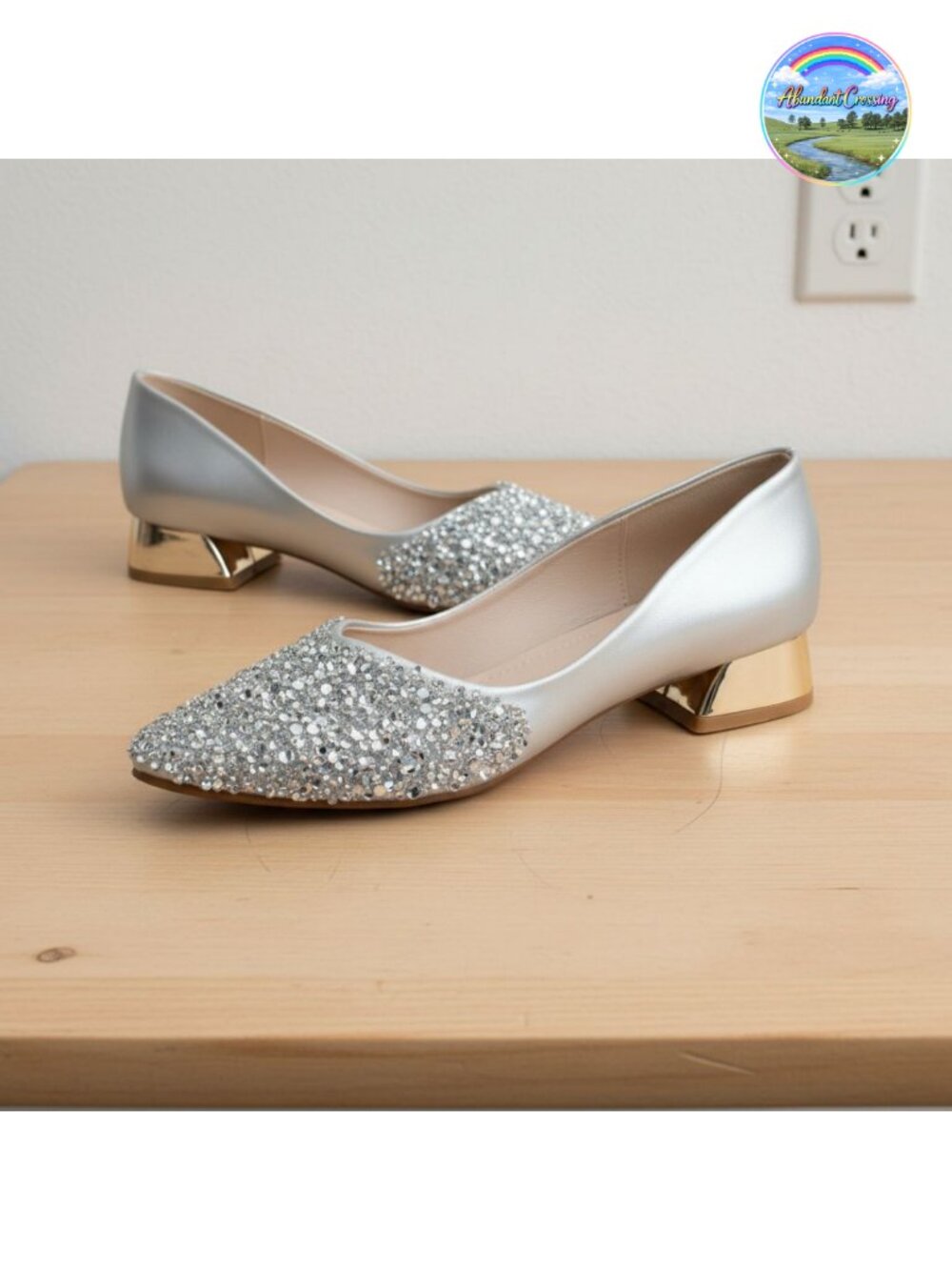 Women's Pointed Toe Chunky Heel Pumps Rhinestone Dress Work Shoes